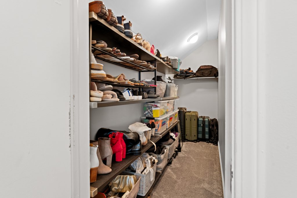 Walk-in storage room in a Royal Oak home with shoe shelving, luggage storage, carpet, and sloped ceiling.