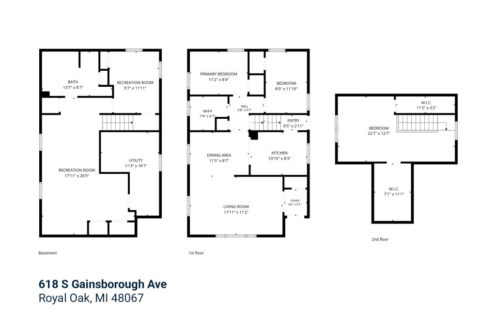 Three-level floor plan of 618 S Gainsborough Avenue in Royal Oak showing the basement, first floor, bedrooms, living spaces, and second floor.