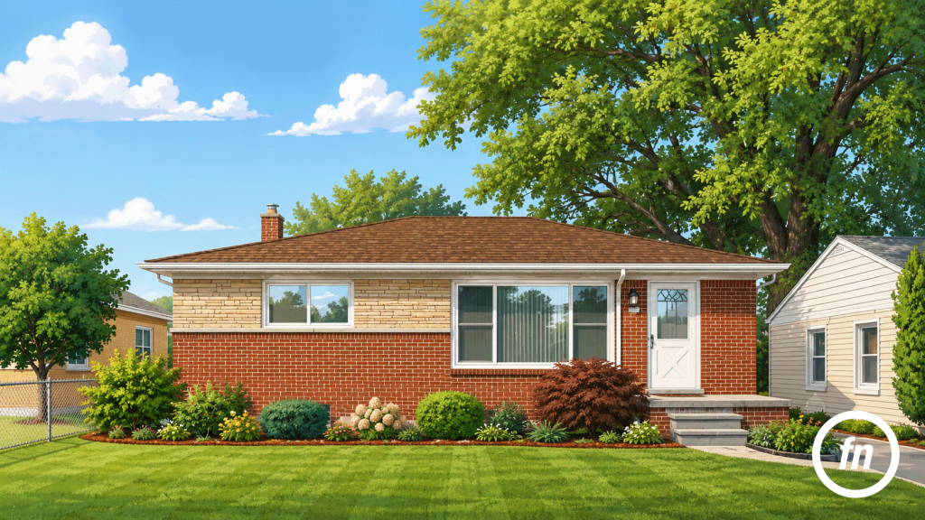 Front exterior illustration of an Eastpointe brick ranch with red and buff masonry, picture window, white entry door, landscaped beds, and front lawn.