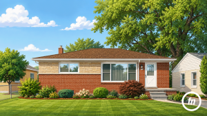 Front exterior illustration of an Eastpointe brick ranch with red and buff masonry, picture window, white entry door, landscaped beds, and front lawn.