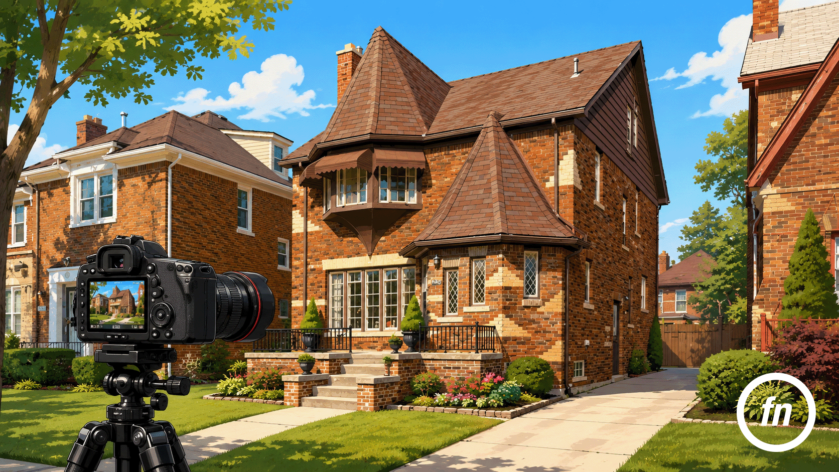 An illustration of a Russell Woods stately brick home on Cortland Street