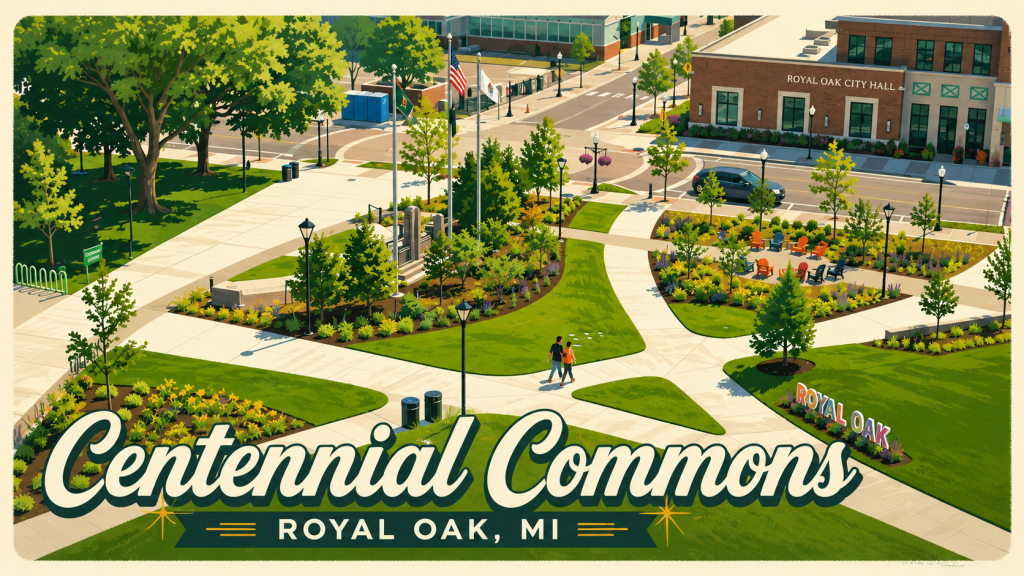 A mockup postcard of Centennial Commons in Royal Oak, MI
