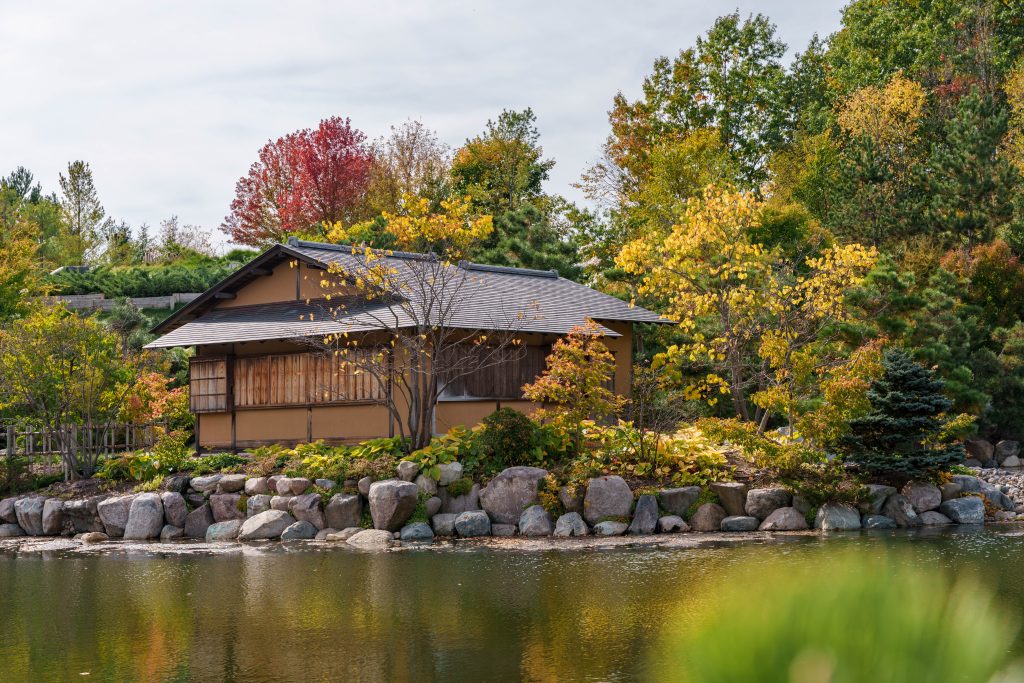 A traditional Japanese teahouse sits beside a landscaped pond, surrounded by shoreline stones and colorful autumn foliage.