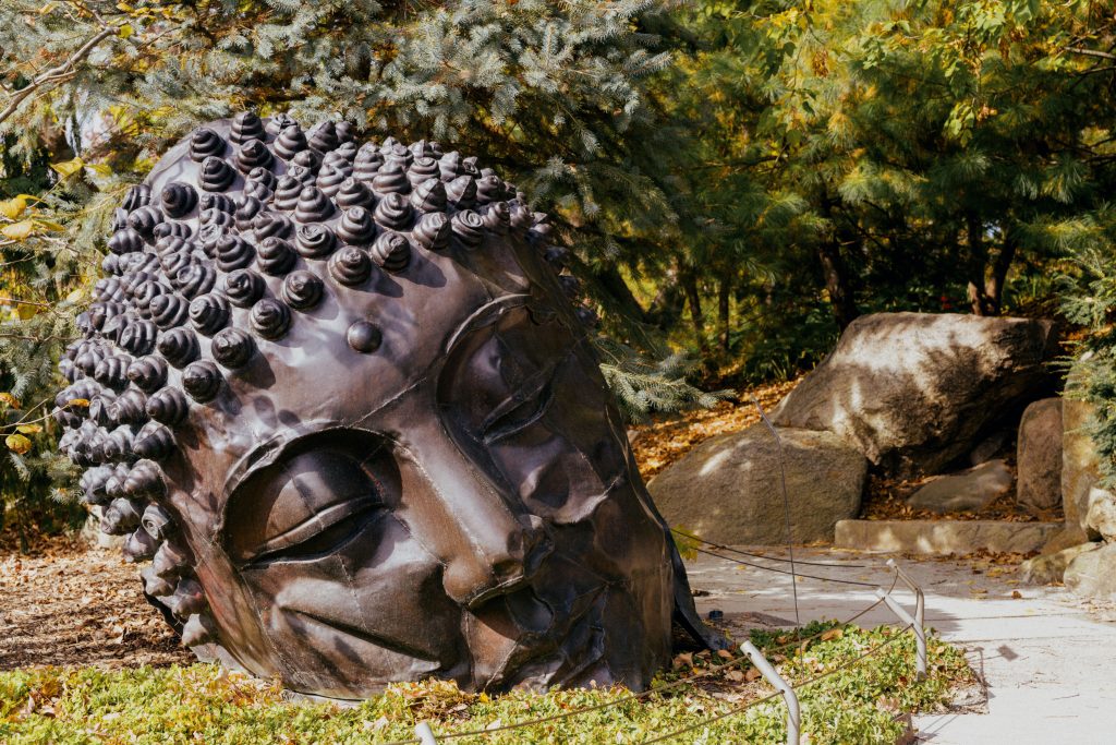 Zhang Huan's weathered copper Buddha head rests among stones and autumn vegetation in the Japanese Garden.