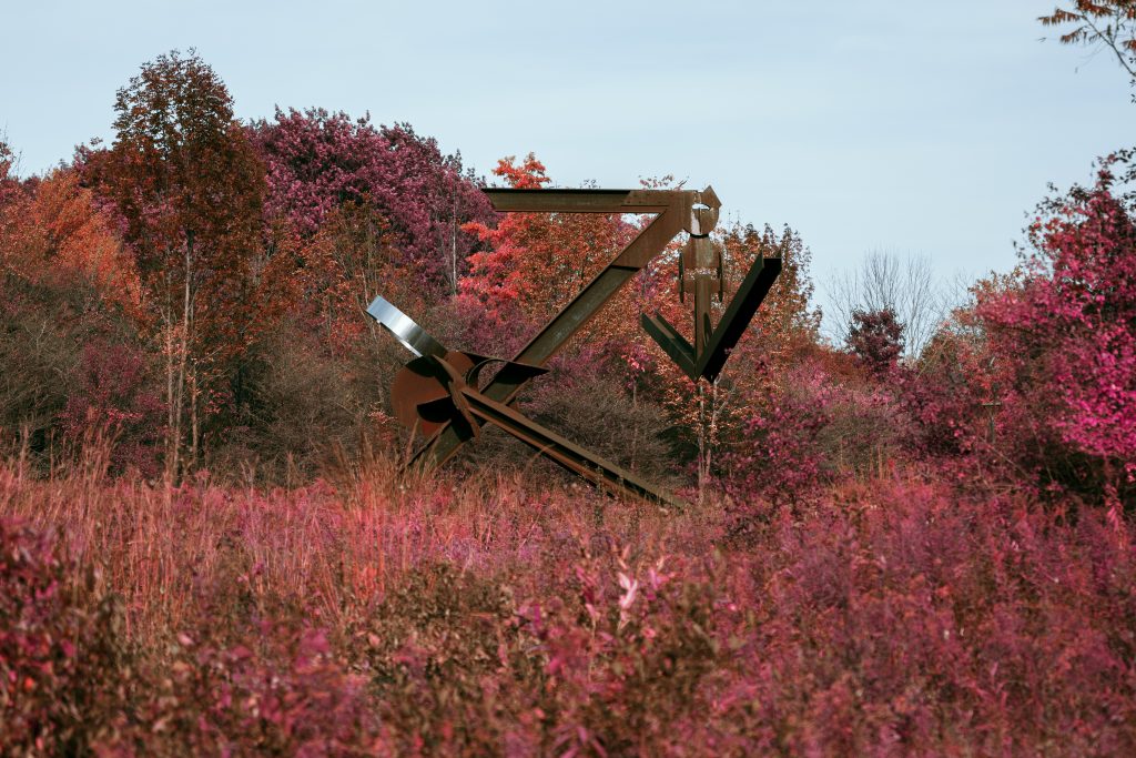 Long weathered steel beams and circular forms create Mark di Suvero's Scarlatti sculpture amid autumn meadow grasses.